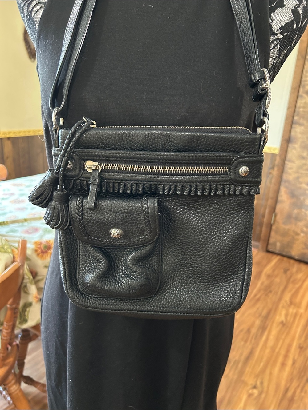 Brighton Black Leather Crossbody Bag with Tassel Detail